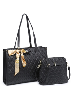 2In1 Quilted Tote Bag with Ribbon Scarf Set 716545 BLACK